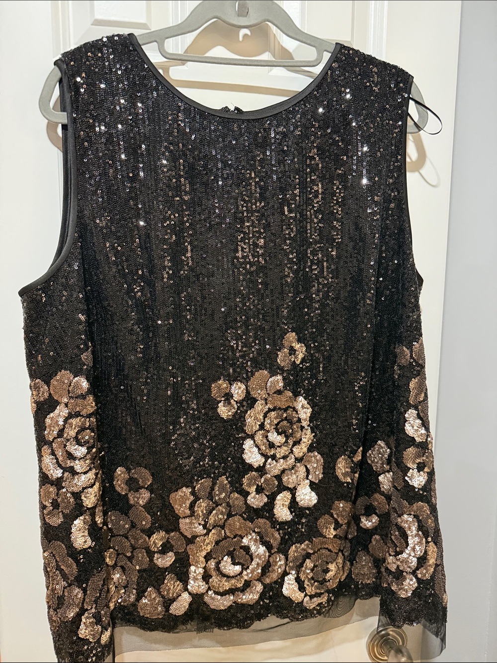 Alex Evenings Black Sequin Camisole with Gold Rose Embroidery